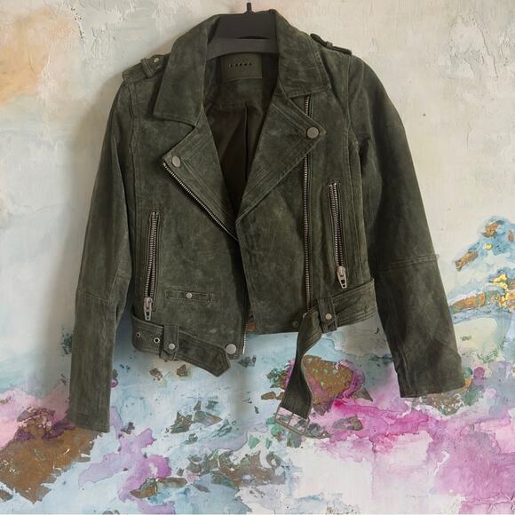 BlankNYC XSmall Olive Green Suede Moto Jacket Real Leather Belted Zippers - Picture 10 of 15